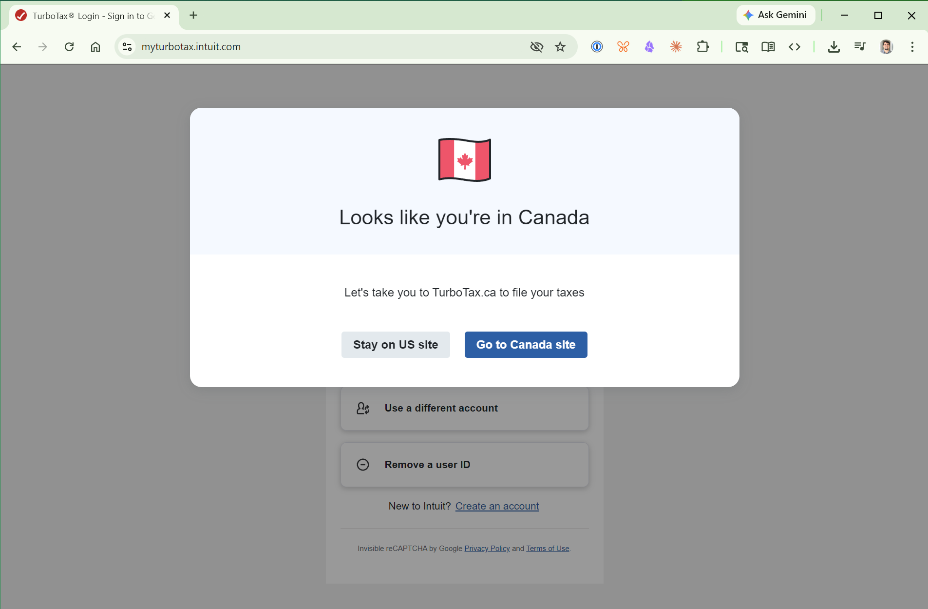 TurboTax mostrando o aviso da página canadense